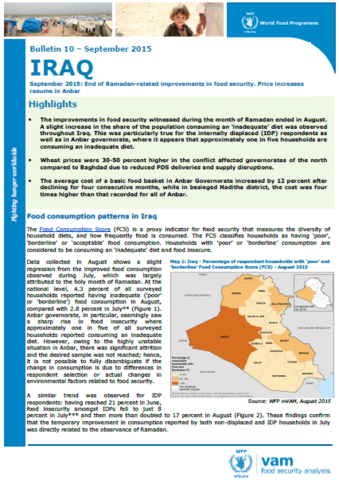 Iraq - Bulletin #10: End of Ramadan-related improvements in food security. Price increases resume in Anbar, September 2015