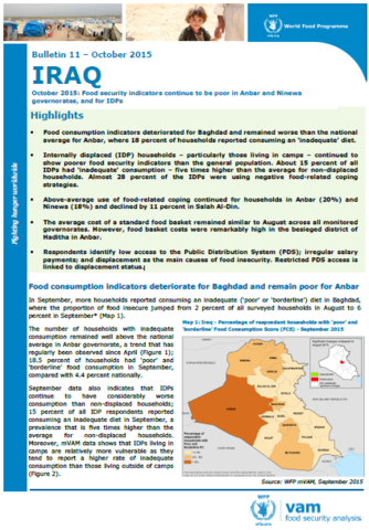 Iraq - Bulletin #11: Food security indicators continue to be poor in Anbar and Ninewa governorates, and for IDPs, October 2015