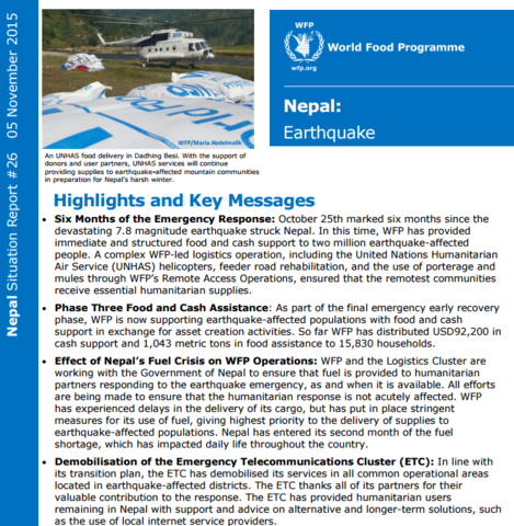 WFP NEPAL EARTHQUAKE SITUATION REPORT #26, 05 NOVEMBER 2015