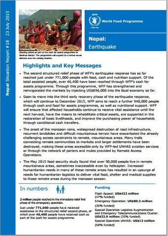 WFP NEPAL EARTHQUAKE SITUATION REPORT #18, 23 JULY 2015
