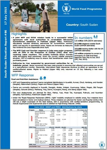 WFP SOUTH SUDAN SITUATION REPORT #86, 17 JULY 2015