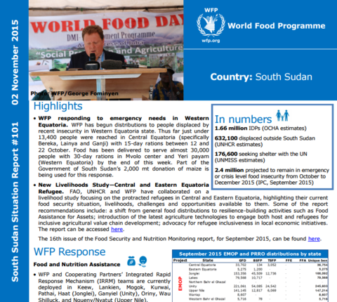WFP South Sudan Situation Report #101, 02 November 2015