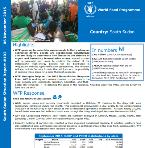 WFP SOUTH SUDAN SITUATION REPORT #102, 09 NOVEMBER 2015
