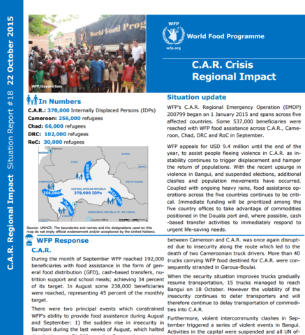 WFP REGIONAL IMPACT OF THE C.A.R. CRISIS SITUATION REPORT #18, 22 OCTOBER 2015
