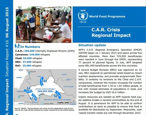 WFP Regional Impact of the C.A.R. Crisis Situation Report #16, 06 august 2015