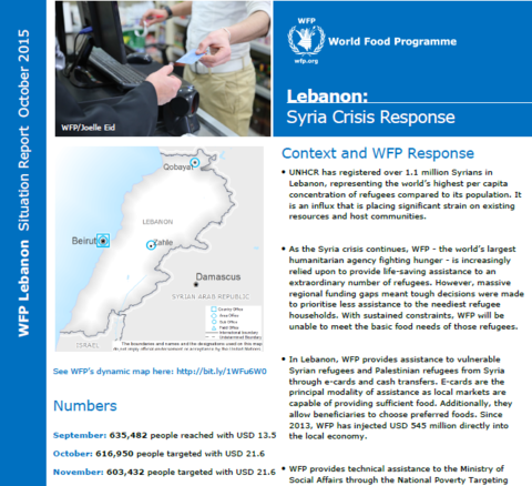 WFP LEBANON EXTERNAL SITUATION REPORT, OCTOBER 2015