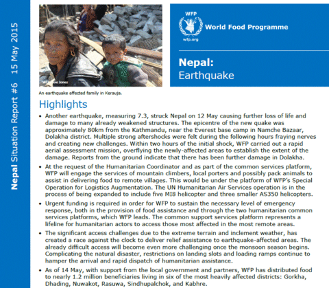 Nepal Earthquake Situation Report #6, 15 May 2015