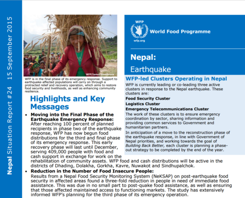 WFP Nepal Earthquake Situation Report #24, 15 September 2015