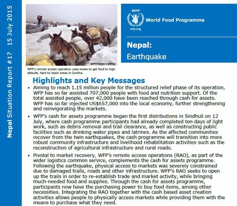 WFP Nepal Earthquake Situation Report #17, 15 July 2015