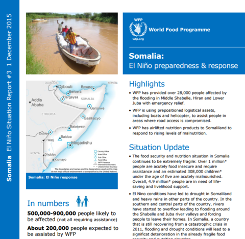 WFP SOMALIA EL NINO RESPONSE EXTERNAL SITUATION UPDATE #3, 01 DECEMBER 2015