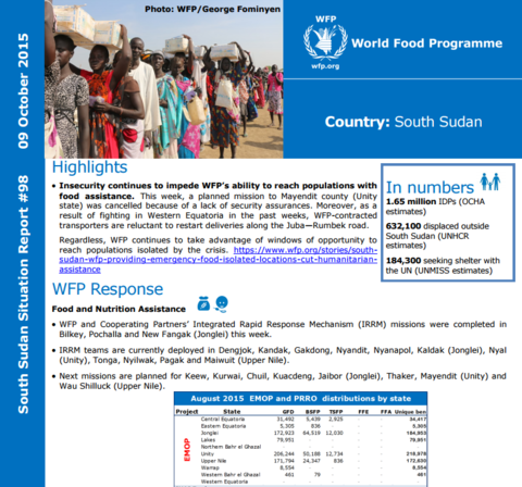 WFP South Sudan l Situation Report #98, 09 October 2015