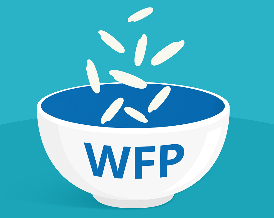 The Freerice cartoon logo of rice grains falling into a bowl with WFP written on it