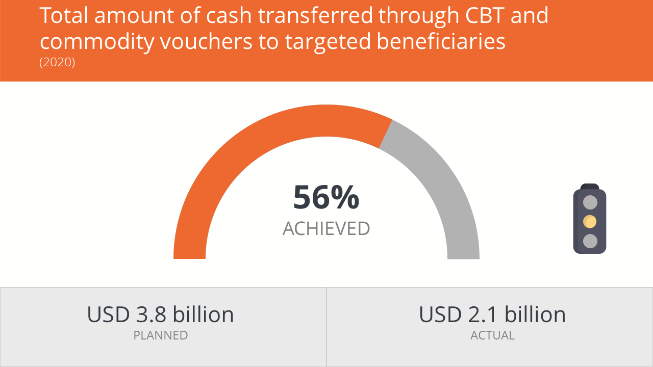 Total amount of cash transferred through CBT and commodity vouchers to targeted beneficiaries: 56% achieved