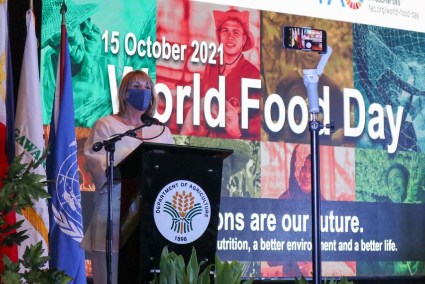 WFP’s Representative and Country Director for the Philippines Brenda Barton talks about how climate change affects food security at the Department of Agriculture’s World Food Day 2021 event.