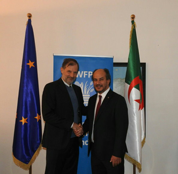 Photo:  WFP/ Algeria CO, left to right M. John O’Rourke; European Union Ambassador in Algeria, Head of the European Delegation to Algiers; M.Imed KHANFIR, Representative, Country Director, WFP Algeria