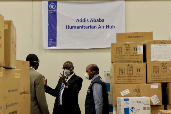 Photo: WFP/Edward Johnson. Representatives from Africa Centers for Disease Control, WFP, WHO in Ethiopia at the launch of the Addis Ababa Humanitarian Air Hub.