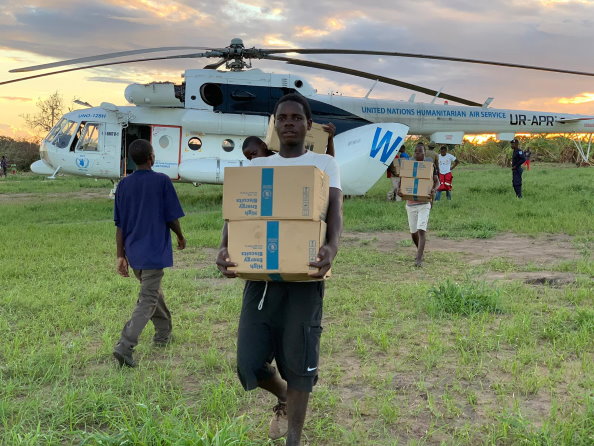 Photo: WFP/ Deborah Nguyen, WFP helicopters delivered food to flood-stranded Cyclone victims, in Sofala province, Mozambique.