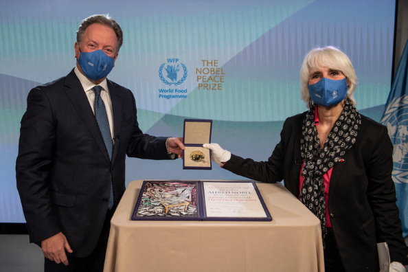 Mr. David Beasley, Executive Director of the United Nations World Food Programme received the Nobel Peace Prize awarded to WFP in 2020. Ms. Lisa Pelletti Clark Co-President, International Peace Bureau Nobel Peace Laureate 1910 delivered the prize on behalf of the Nobel Peace Prize Committee. Photo: WFP/Rein Skullerud