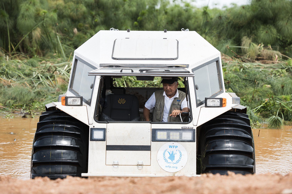 The SHERP vehicle can negotiate all kinds of terrain — and float on water. Photo: WFP/Hugh Rutherford