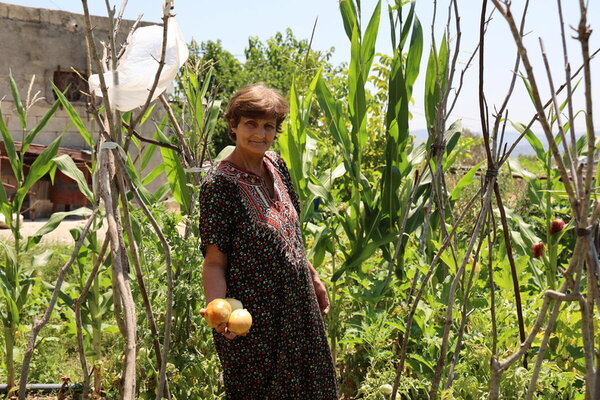 Radha picks vegetables from her farm as part of the project.