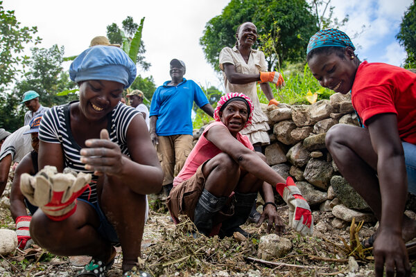 Another group of people work on a terracing project.