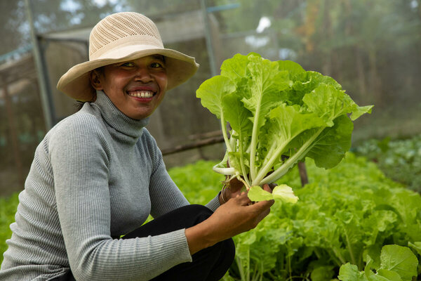 woman in straw hat holding lettuce