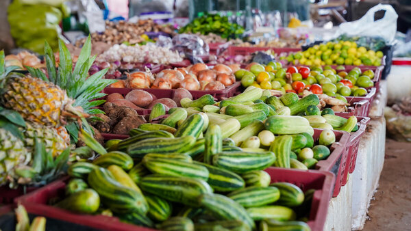 Fresh products sold at a market in Stoung Market, Cambodia. WFP/Darapech Chea