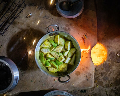 Sliced eggplant is cooked in a pot