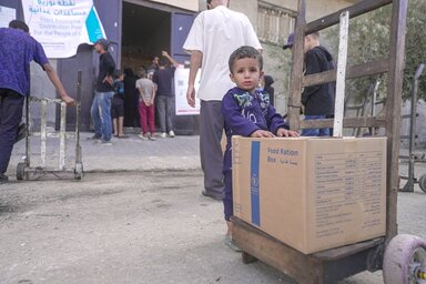 A child stands next to the food parcel his father just collected from a WFP distribution point