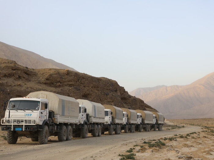  A World Food Programme truck convoy heading to preposition food in rugged and remote areas.