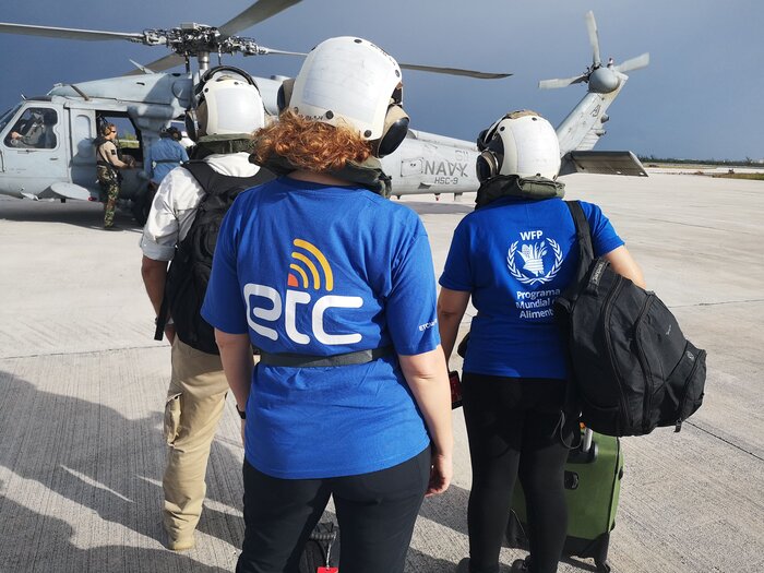 Emergency Telecommunications Cluster (ETC) personnel and partners land in the Bahamas after Hurricane Dorian, September 2019.