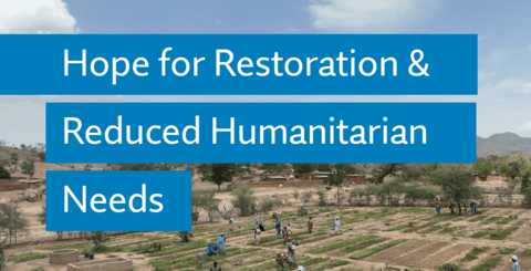 “A group of people working in a dryland agricultural field with young crops, set against a rural landscape of scattered trees and distant hills. Overlaid text reads: ‘Hope for Restoration & Reduced Humanitarian Needs.’”