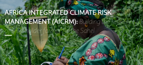 A person in a green patterned outfit stands in a field of tall crops, recording notes in a notebook beside a rain gauge measuring collected water. Overlaid text reads: “Africa Integrated Climate Risk Management (AICRM): Building the resilience of smallholder farmers in the Sahel.”