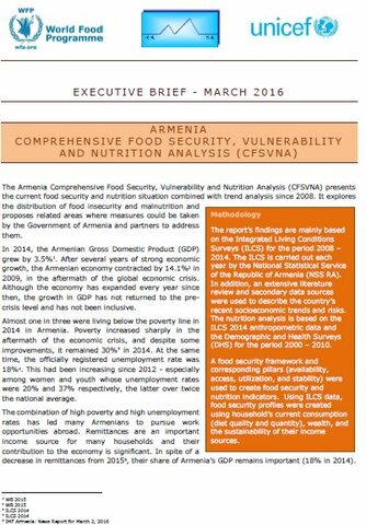 Armenia - Comprehensive Food Security, Vulnerability and Nutrition Analysis (CFSVNA), April 2016