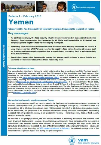 Yemen - mVAM Bulletin #7: Food insecurity of internally displaced households is worst on record, February 2016
