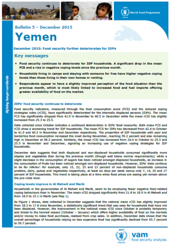 Yemen - mVAM Bulletin #5: Food security further deteriorates for IDPs, December 2015