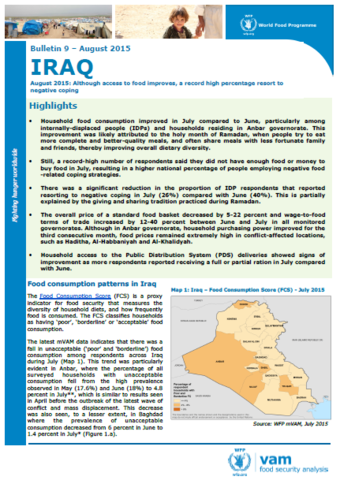 Iraq - Bulletin #9: Although access to food improves, a record high percentage resort to negative coping, August 2015