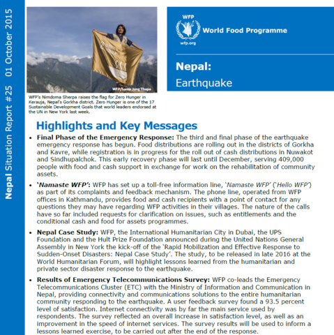 Nepal Earthquake Situation Report #25, 01 October 2015