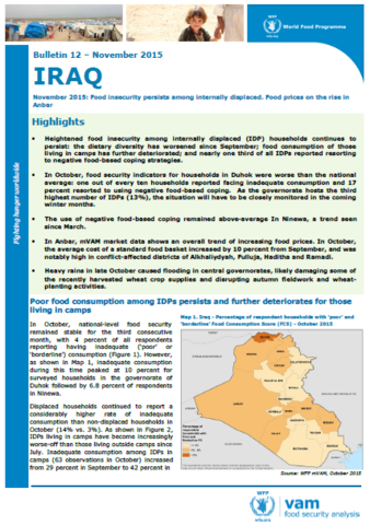 Iraq - Bulletin #12: Food insecurity persists among internally displaced. Food   prices on the rise in Anbar, November 2015