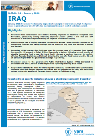 Iraq - Bulletin #14: Household food security begins to shows signs of improvement. High food prices ensue in parts of Anbar directly affected by most recent wave of conflict and displacement, January 2016