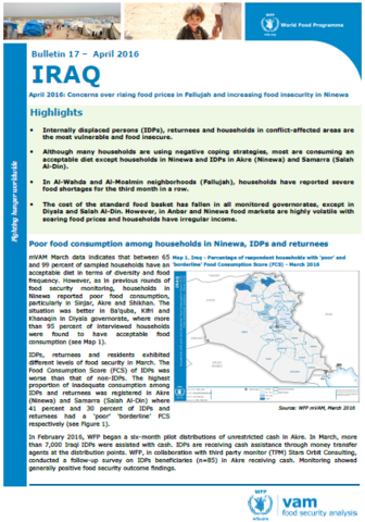 Iraq - Bulletin #17: Concerns over rising food prices in Fallujah and increasing food insecurity in Ninewa, April 2016