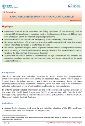 South Sudan - Jonglei: Rapid Needs Assessment in Ayod County, February 2017