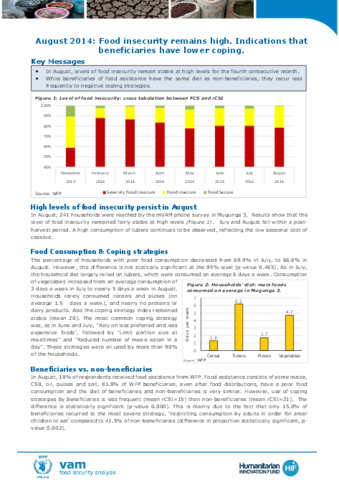Democratic Republic of Congo - mVAM Bulletin 4: Food insecurity remains high. Indications that beneficiaries have lower coping, August 2014