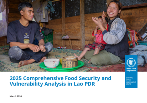 The publication cover sheet shows two adults and a young child sitting on a woven mat inside a wooden home in Lao PDR, sharing food from bowls and a tray placed on the floor, with household items and writing on the wooden wall in the background.