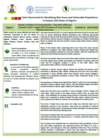 Nigeria - Cadre Harmonisé for Identifying Risk Areas and Vulnerable Populations in Sixteen (16) States of Nigeria, October 2016