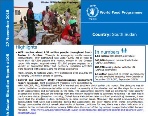WFP South Sudan Situation Report #105, 27 November 2015
