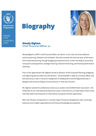 Wendy Bigham, WFP Chief Financial Officer a.i., stands in front of WFP branding, wearing formal attire, with biography text displayed beside her.