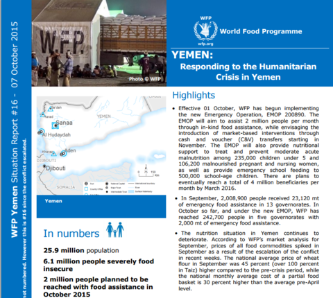 WFP Yemen Emergency Situation Report #16, as of 7 October, 2015