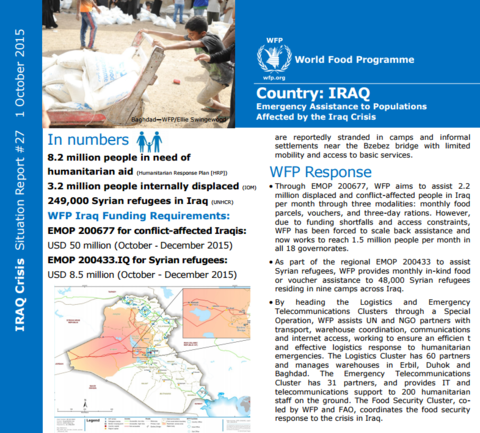 WFP Iraq Situation Report #27, 01 OCTOBER 2015