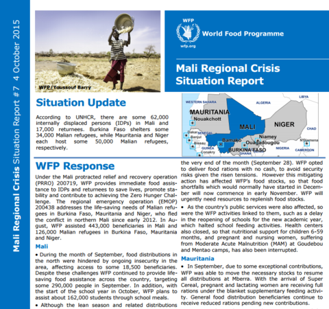 WFP Mali Regional Crisis Situation Report #7, 04 October 2015